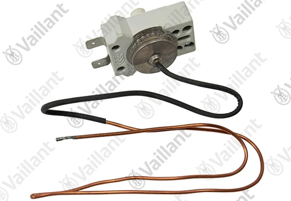 Vaillant Temperaturbegrenzer mit Metallgehäuse, zwei Anschlüssen, einem schwarzen Kabel und zwei Kupferleitungen.